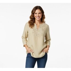 WINTERSILKS Tan Linen Embroidered Tunic Top‎ 3/4 Sleeve V Neck Women's M Capsule